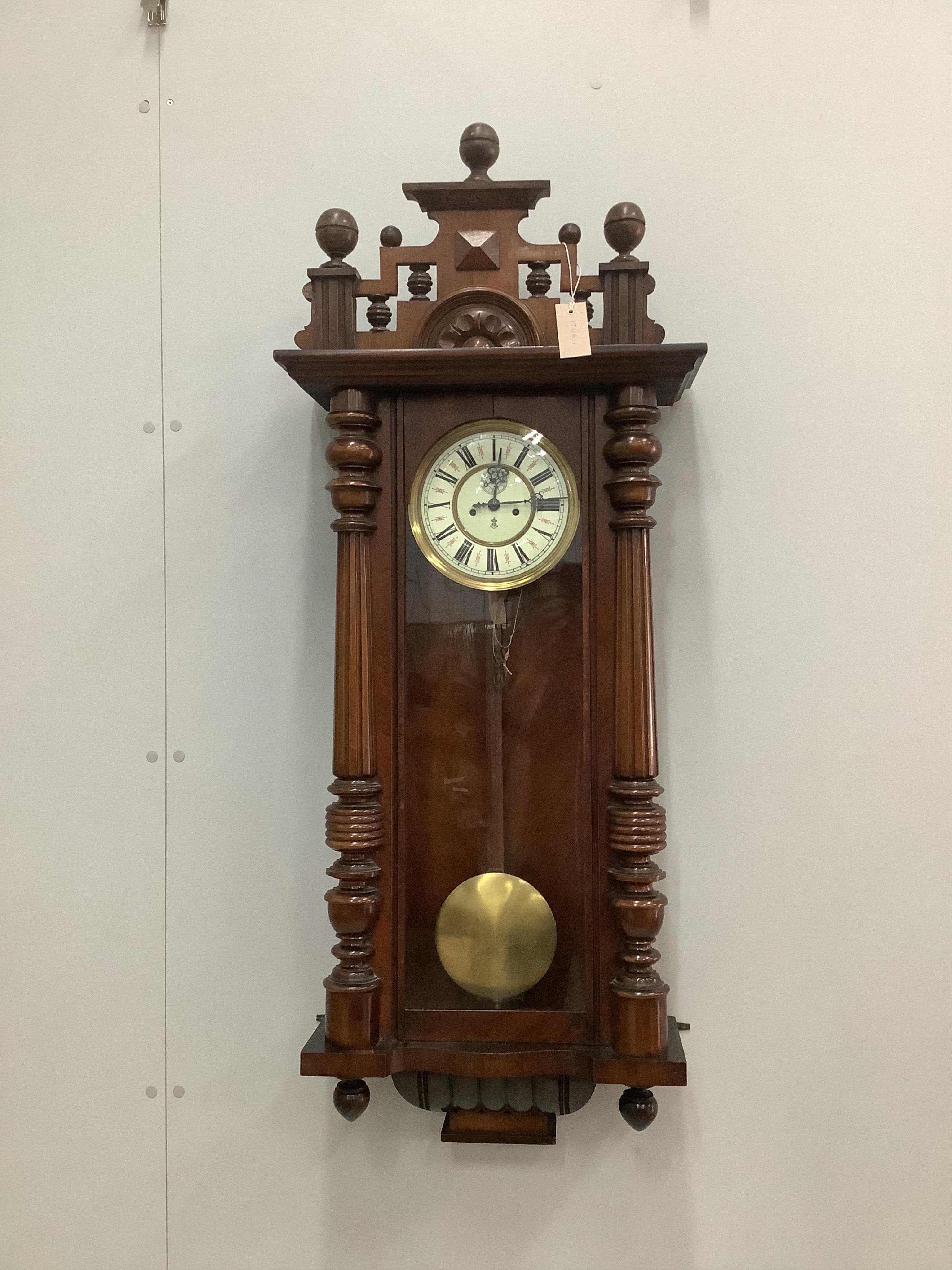 An early 20th century walnut Vienna regulator wall clock, by Gustav Becker, height 118cm. Condition - good